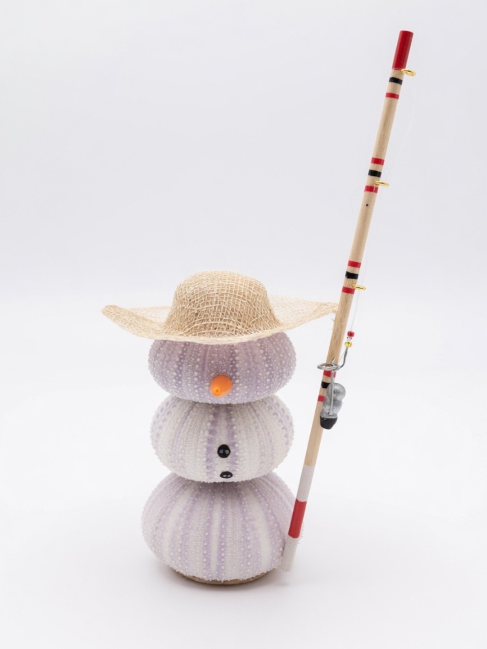 Sea Urchin Fishing Snowman decor figurine in Lavender and Natural Straw Hat